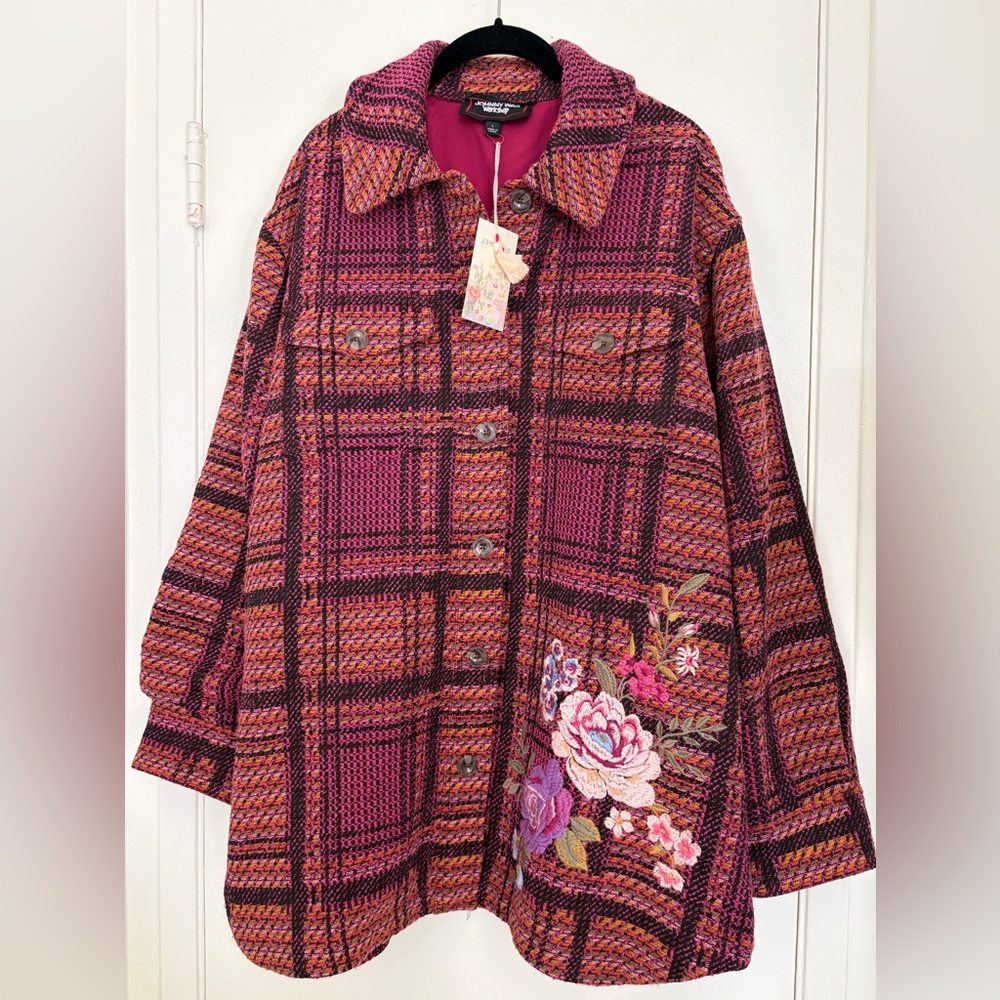 Johnny Was Vibrant Plaid shirt jacket with intricate embroidery.